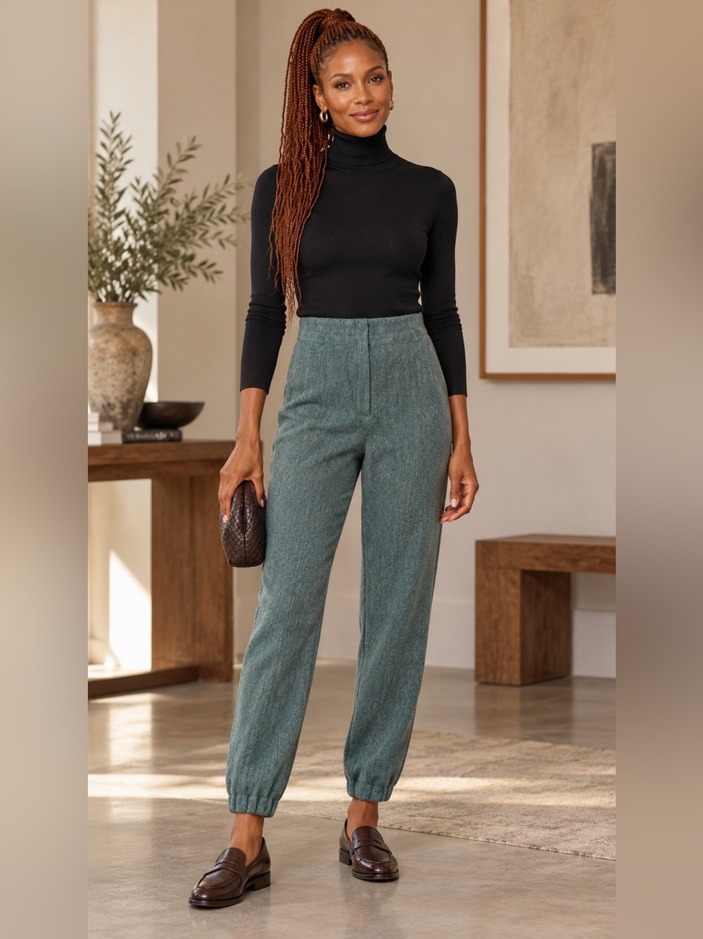 Carlisle Size 6 Wool Cashmere Herringbone Jogger Pants Teal Brown
